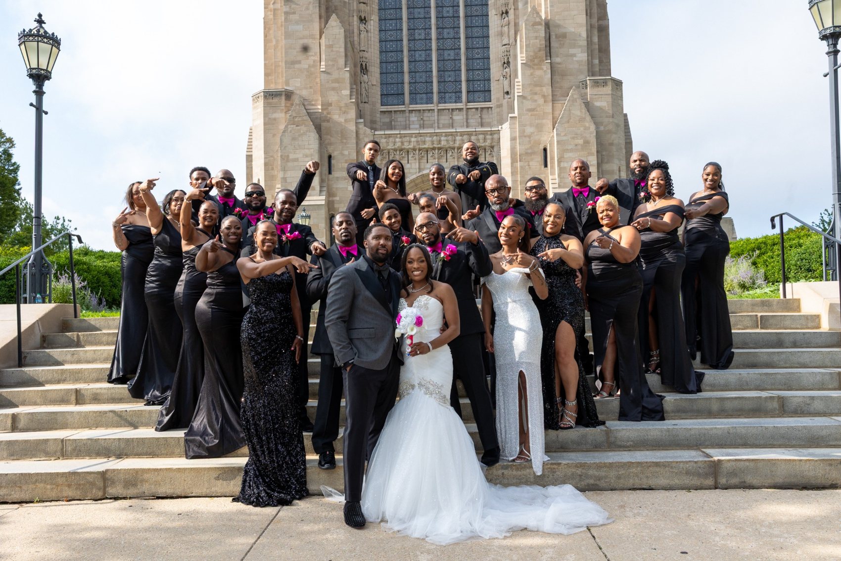 Wedding party gathered on church steps — MAP Productions portfolio